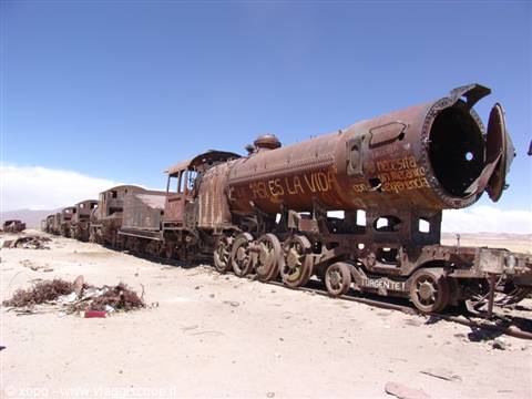 Rusted steam locomotives abandoned in the Uyuni salt desert