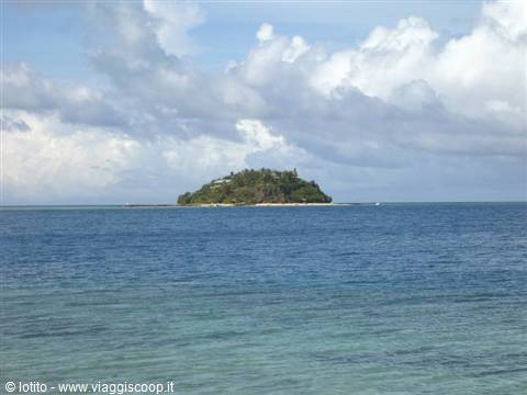 Small green island surrounded by turquoise sea under cloudy sky