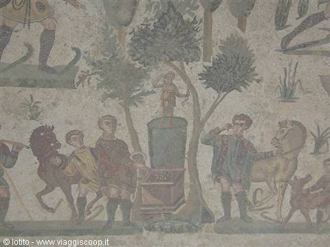 Roman mosaic depicting hunters, horses and trees, Villa Romana del Casale