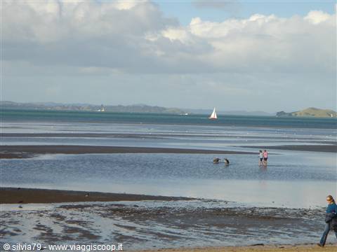 Sailboat and waders on tidal flats under partly cloudy sky