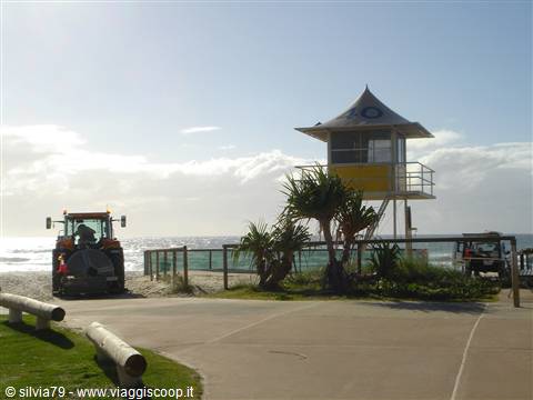 Wooden lifeguard tower on the beach, tractor raking the sand