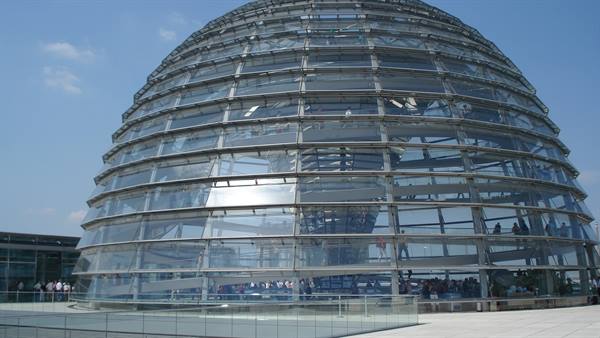 Tourists on the terrace of the glass dome of the Reichstag in Berlin