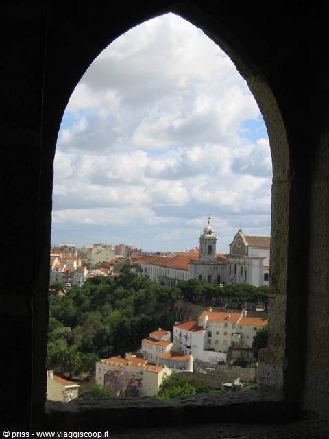 Lisbon seen through the Gothic stone arch of São Jorge Castle