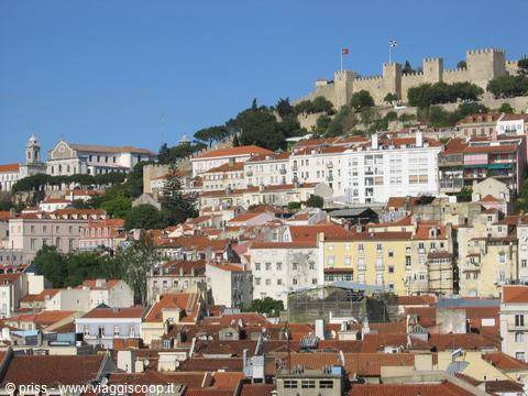 São Jorge Castle overlooks Lisbon's red rooftops under a blue sky