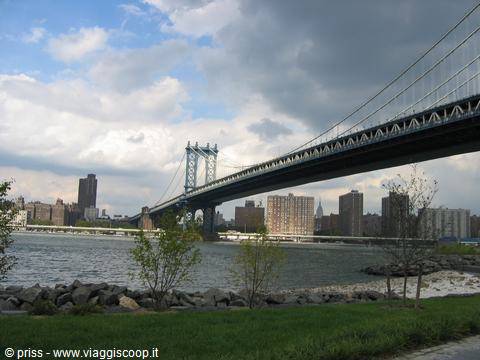 Manhattan Bridge over the East River, cloudy sky, grass and trees in foreground