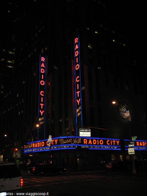 Neon signs of Radio City Music Hall in New York at night
