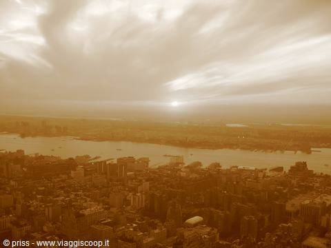 New York skyscrapers and Hudson River under sepia light