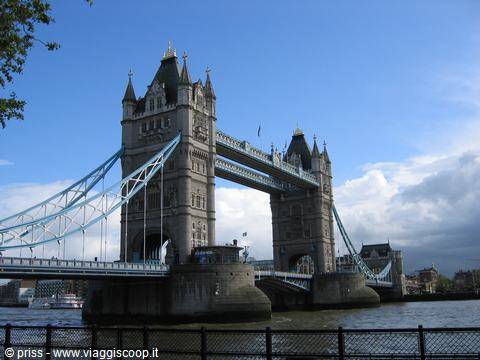 London's Tower Bridge in stone and blue steel under a cloudy sky