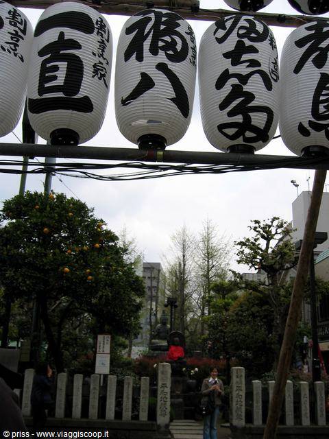 White paper lanterns with Japanese calligraphy hanging over a temple garden