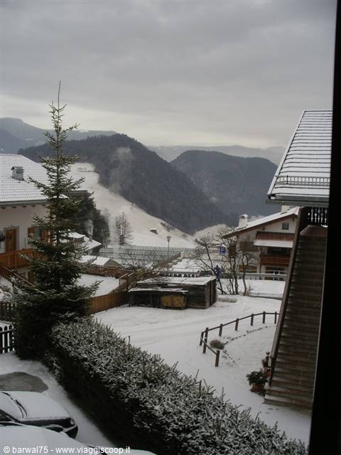 Snowy alpine village among mountains, snow-covered rooftops and grey sky