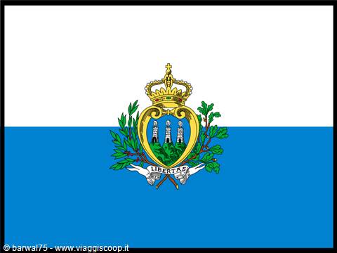 Flag of San Marino with crest, golden crown and Libertas motto
