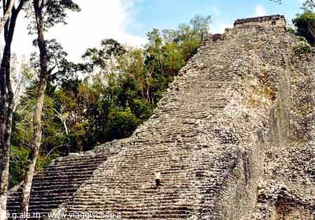 Large Mayan stone pyramid among trees, steep staircase, Coba