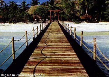 Wooden pier with rope railings over turquoise water, toward palm-thatched bungalows