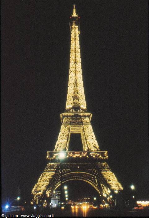 Eiffel Tower iron lattice glowing with golden lights against the dark Paris night