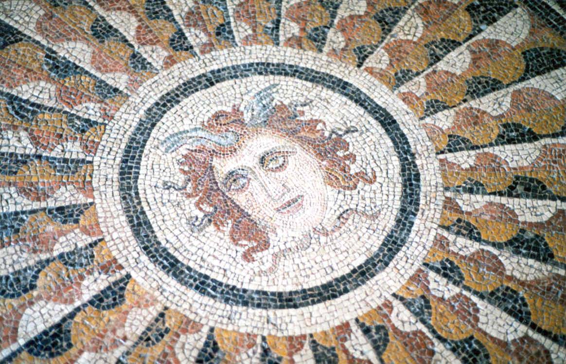 Roman mosaic with Medusa head at center, polychrome marble tesserae
