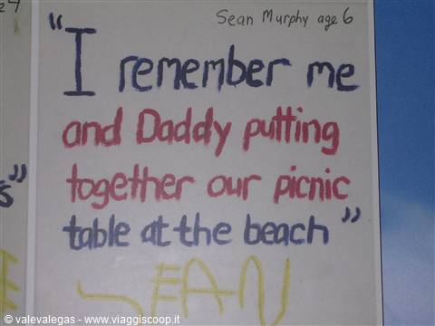 Handwritten child's message on white sign recalls a beach picnic memory
