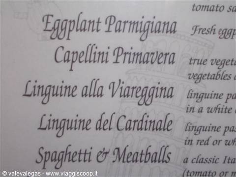 Printed pasta menu: eggplant parmigiana, linguine alla Viareggina, spaghetti and meatballs