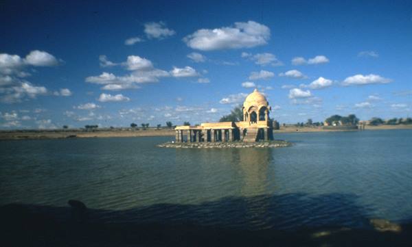 Yellow stone pavilion on Gadsisar Lake island, Jaisalmer