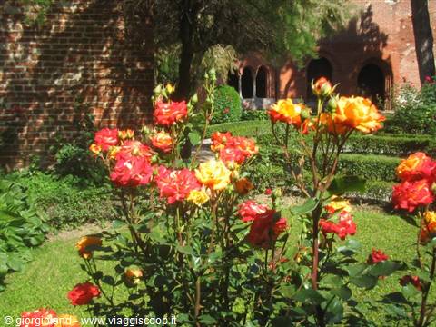 Red and orange roses blooming in front of a brick cloister with arches