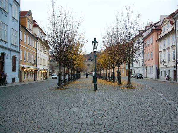 Prague cobblestone square with bare trees, green lampposts and pastel houses