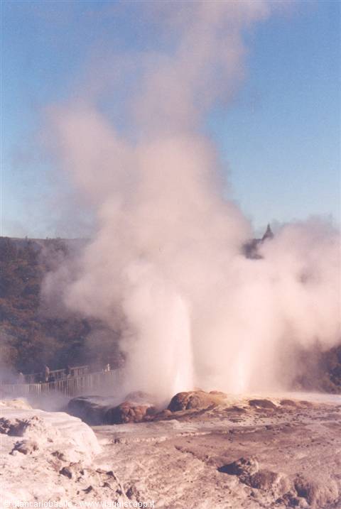 Geyser erupting steam and water over white sinter terraces