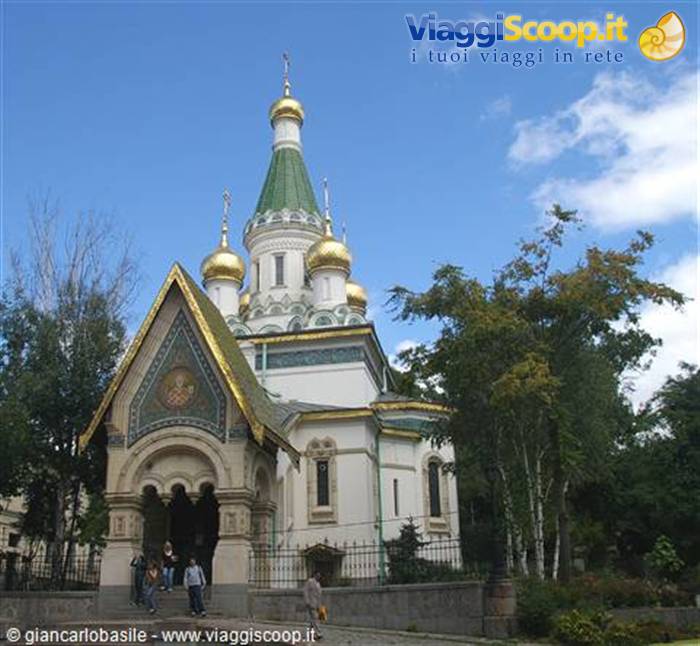 Russian church of St Nicholas in Sofia, golden domes, visitors at the entrance