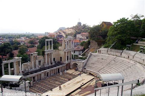 Roman theatre of Philippopolis in Plovdiv, marble tiers and stage under restoration