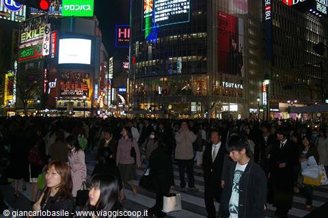 Crowd crossing Shibuya intersection among glowing billboards and skyscrapers