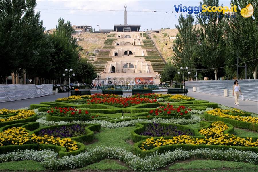 Flower gardens in front of the Yerevan Cascade with stepped terraces