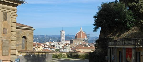 Florence: the Duomo dome and bell tower among red rooftops