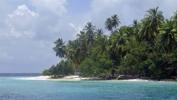 Tropical palms on white sand beach, turquoise water and cloudy sky