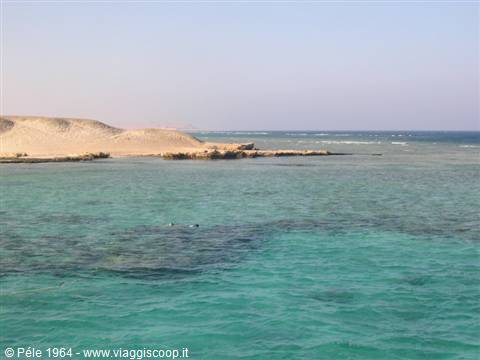 Turquoise water and coral reef in front of sandy dunes at Ras Muhammad