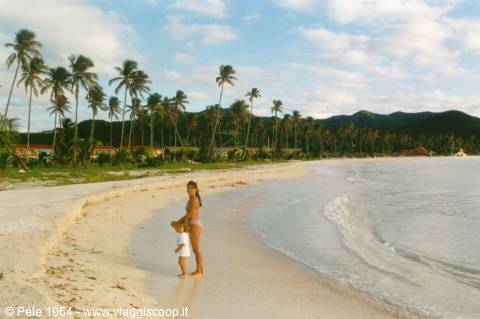 Woman and child on white sand beach among palm trees and waves