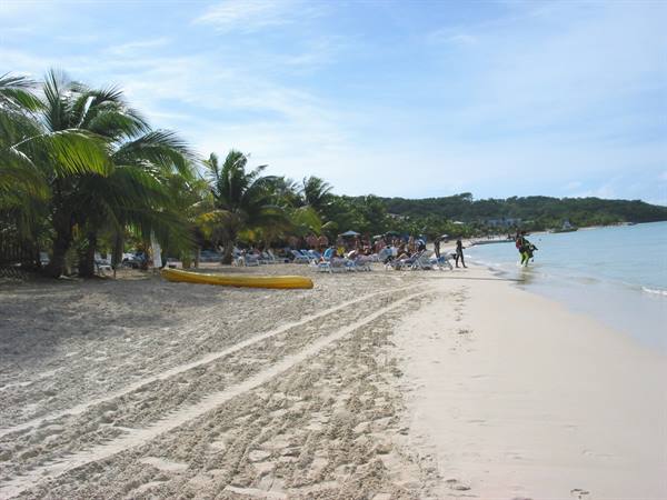 Tourists on loungers under palm trees, yellow canoes on sand, turquoise sea