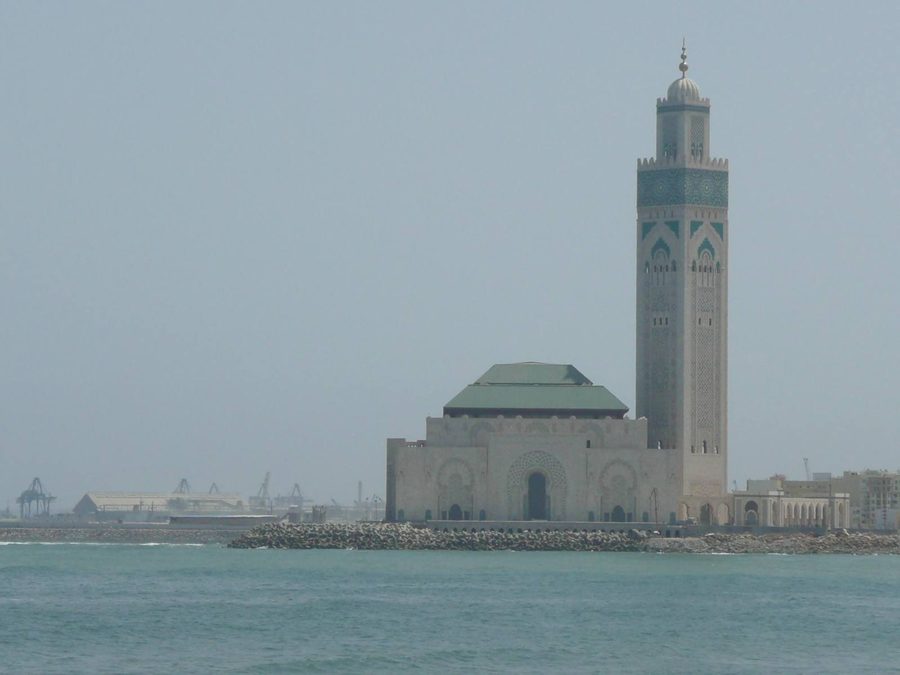 Hassan II Mosque on Casablanca's waterfront, morning haze over the ocean