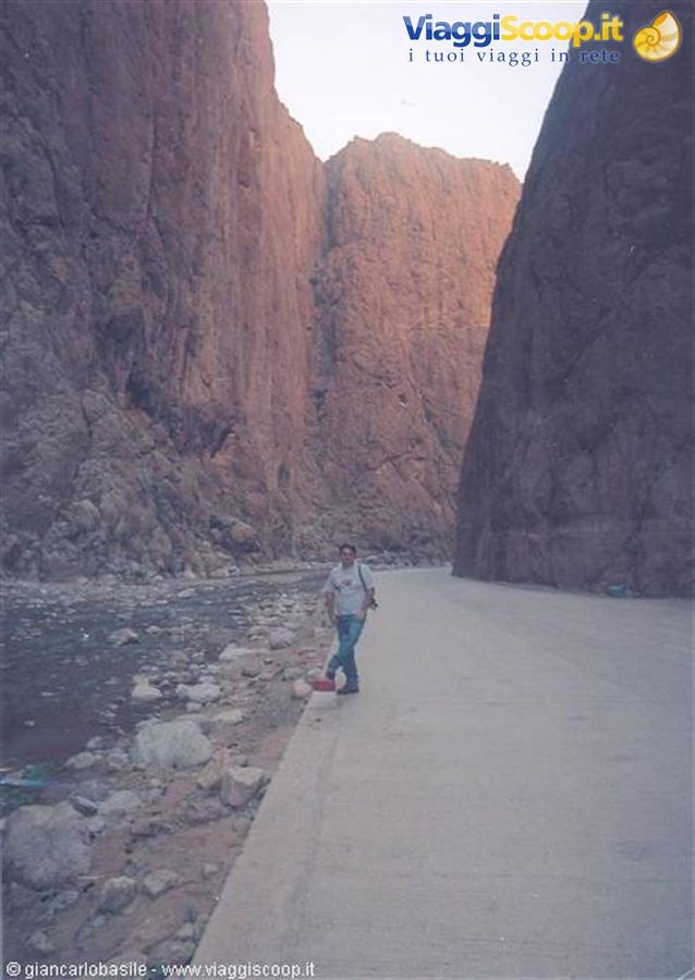Man in jeans walks on paved road through Todra Gorge, red rock walls