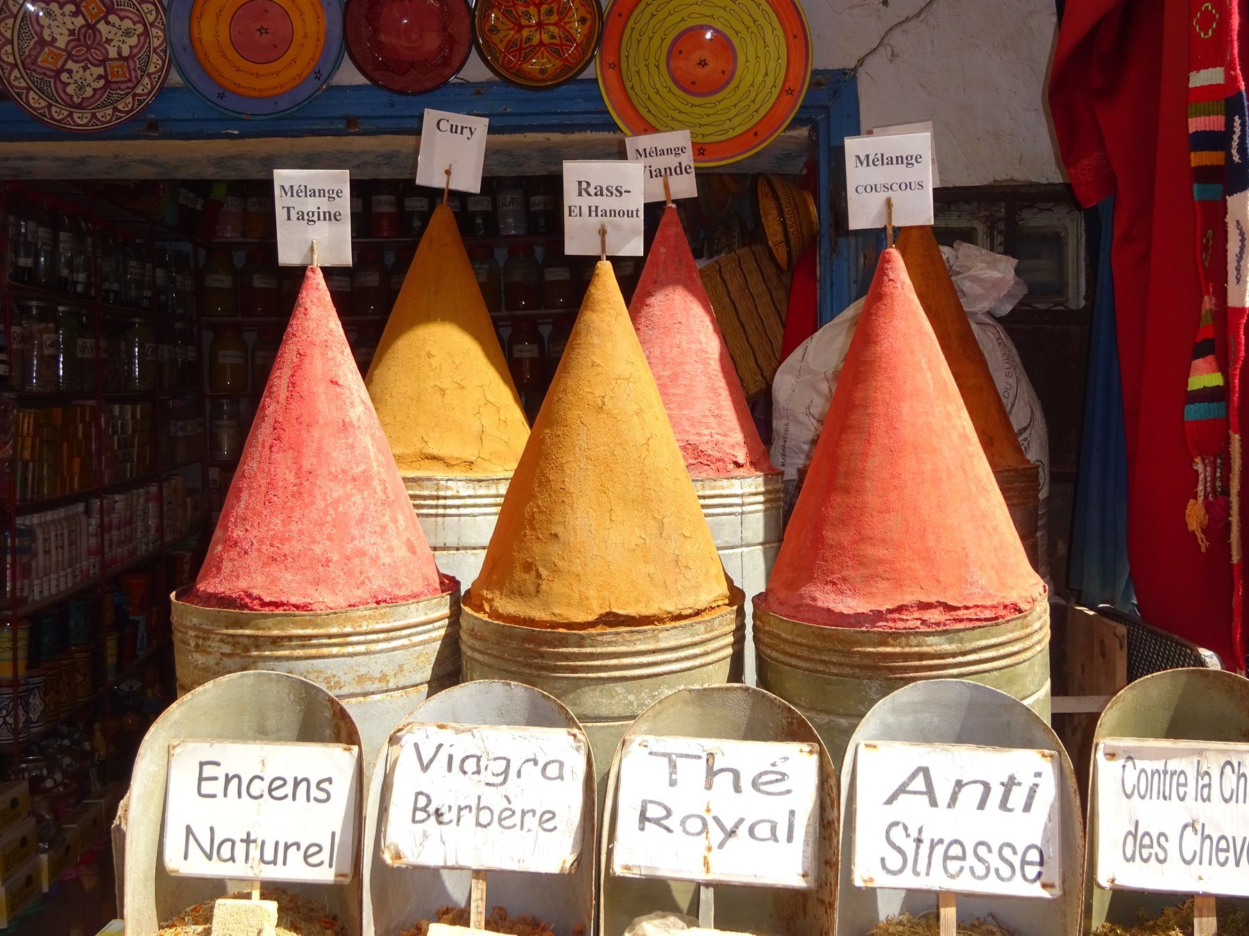 Colorful spice cones at the Marrakech market